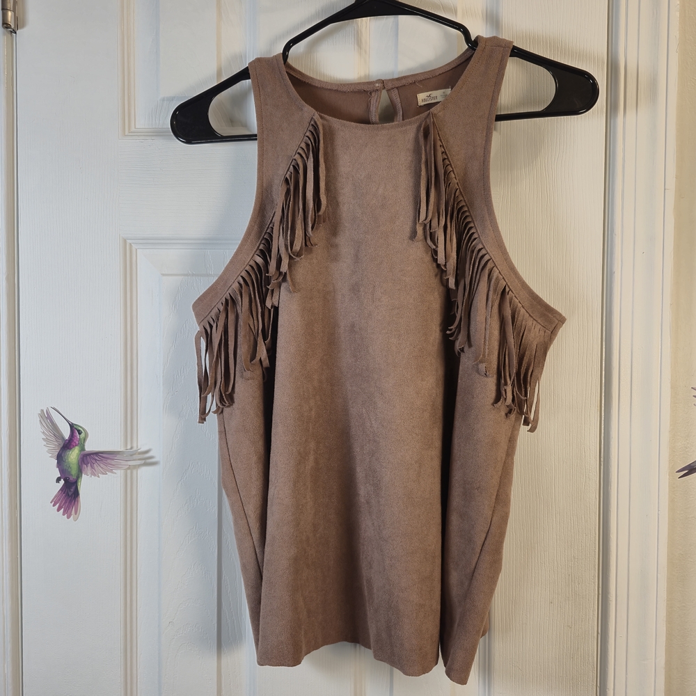 Hollister Taupe Faux Suede Fringe Top M Boho Western